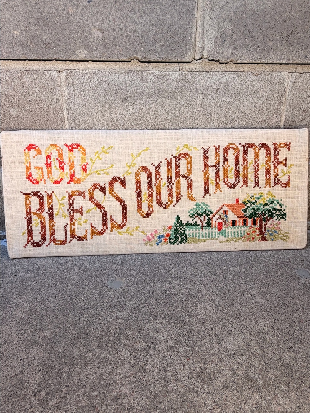 Vintage Cross Stitch God Bless Our Home Wall Art Cottagecore